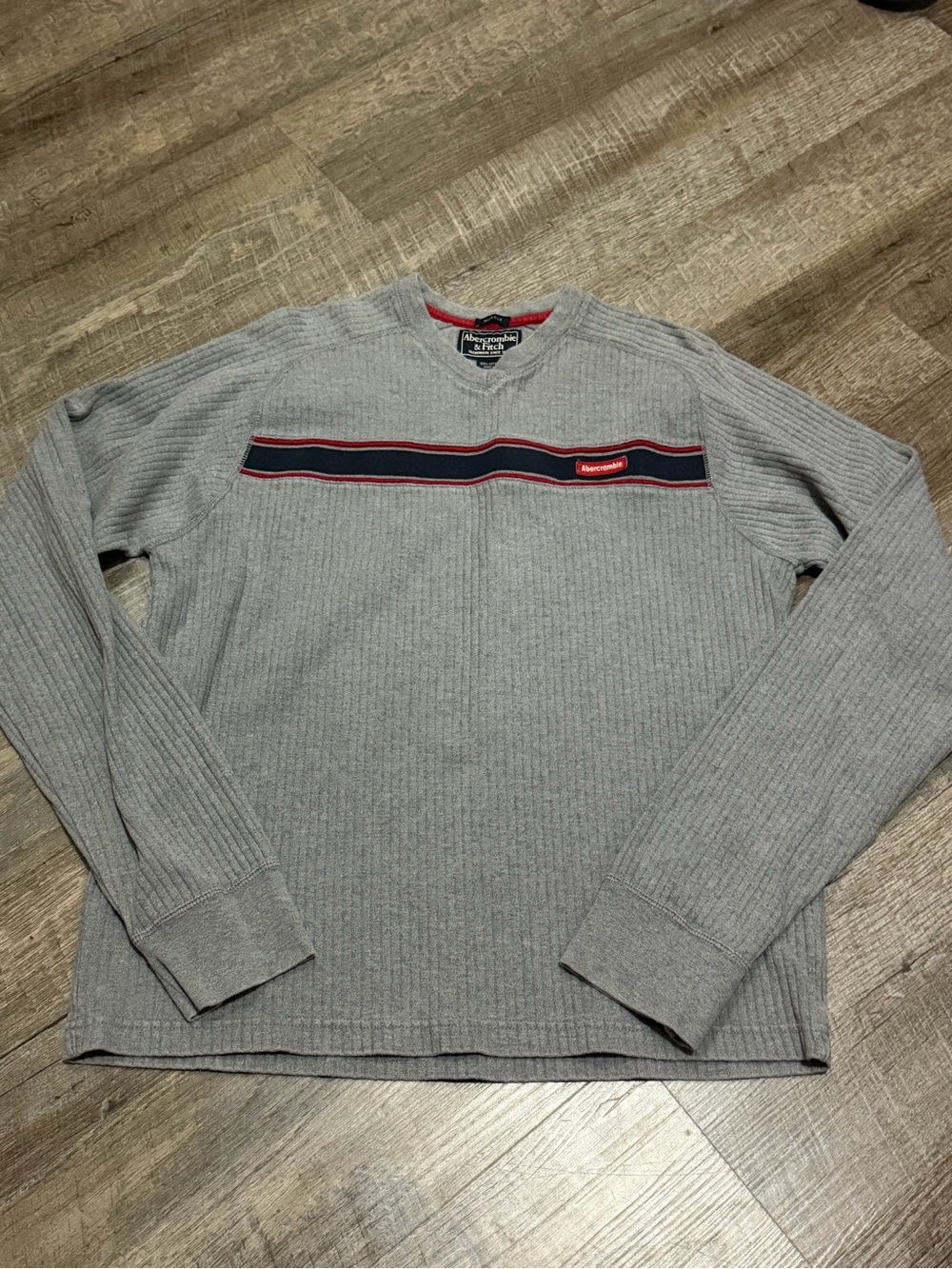 Abercrombie & Fitch Gray Crewneck Sweater with Navy and Red Chest Stripe